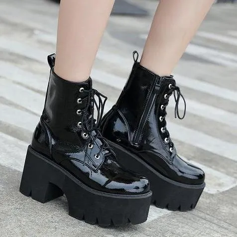 Women's black thick platform combat boots zipper front lace punk boots