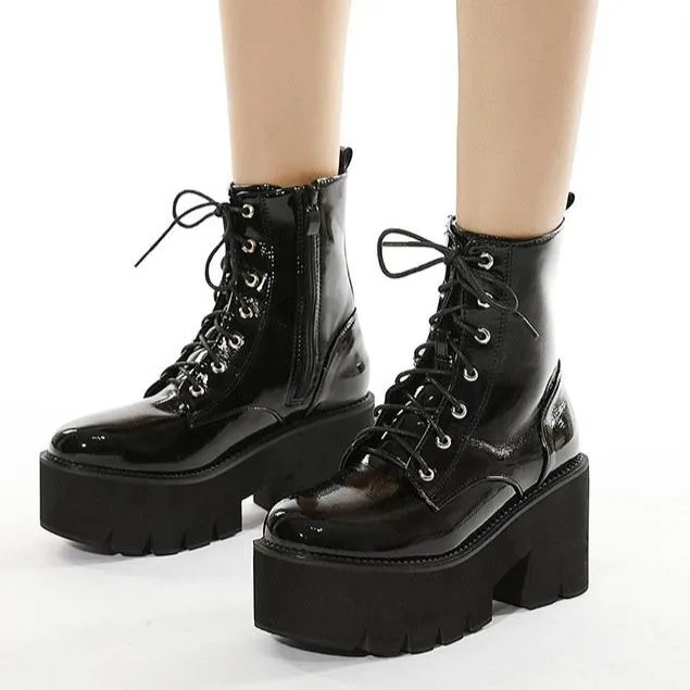 Women's black thick platform combat boots zipper front lace punk boots