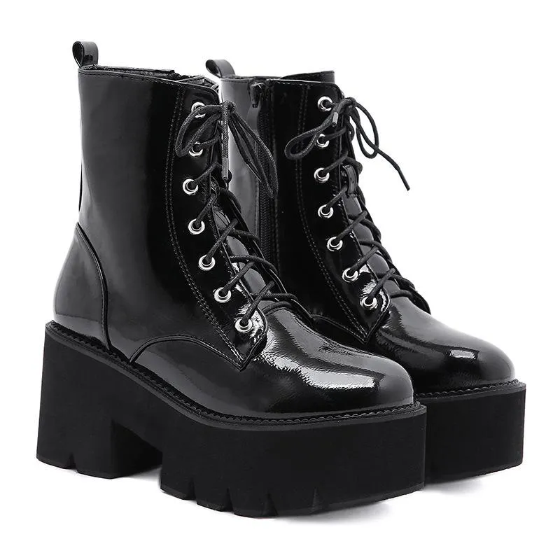 Women's black thick platform combat boots zipper front lace punk boots