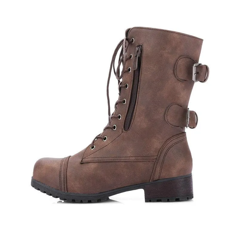 Women's mid calf combat boots chunky low heel zipper boots